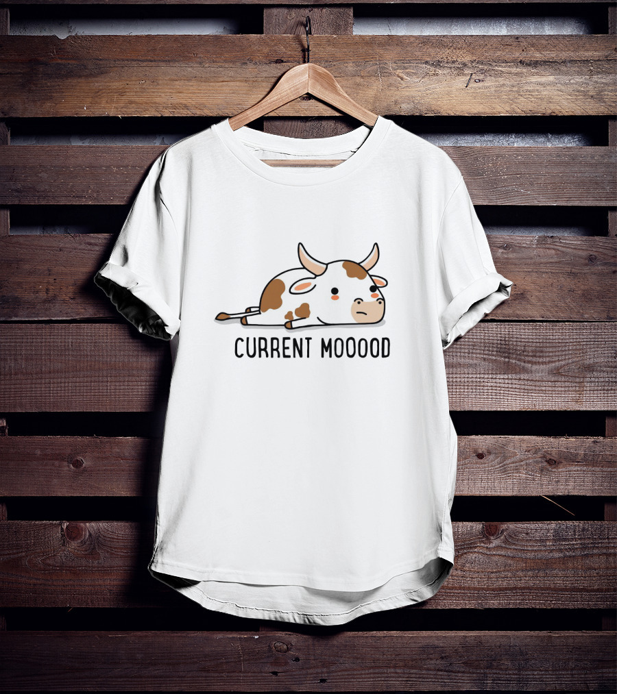 Current Mooood Lazy Cow Cartoon Lying Down T-Shirt