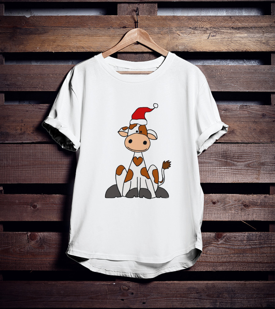 Cute Brown And White Cow Wearing Christmas Santa Hat Cartoon T-Shirt