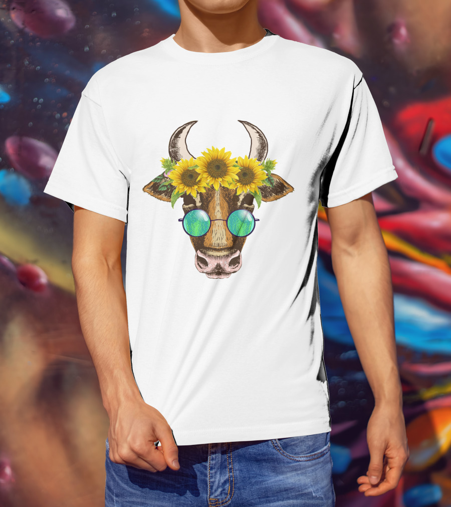 Cute Cow With Sunflower And Sunglasses Headpiece T-Shirt
