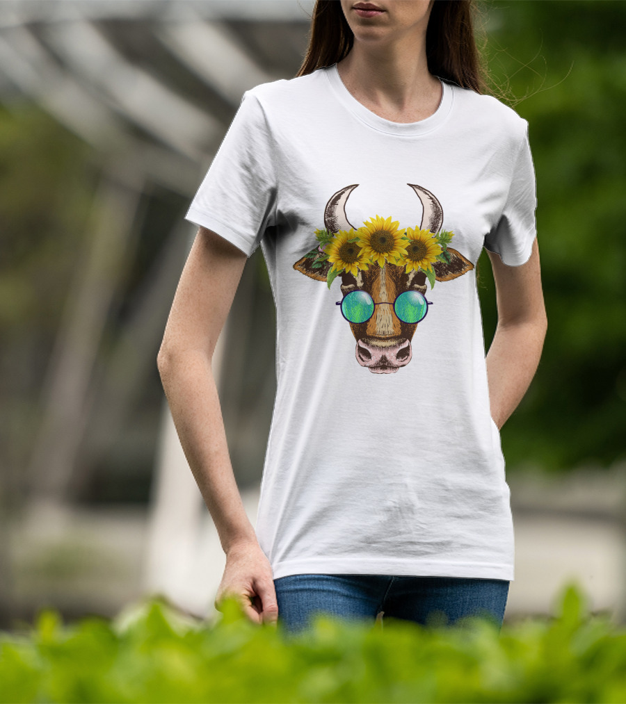 Cute Cow With Sunflower And Sunglasses Headpiece T-Shirt