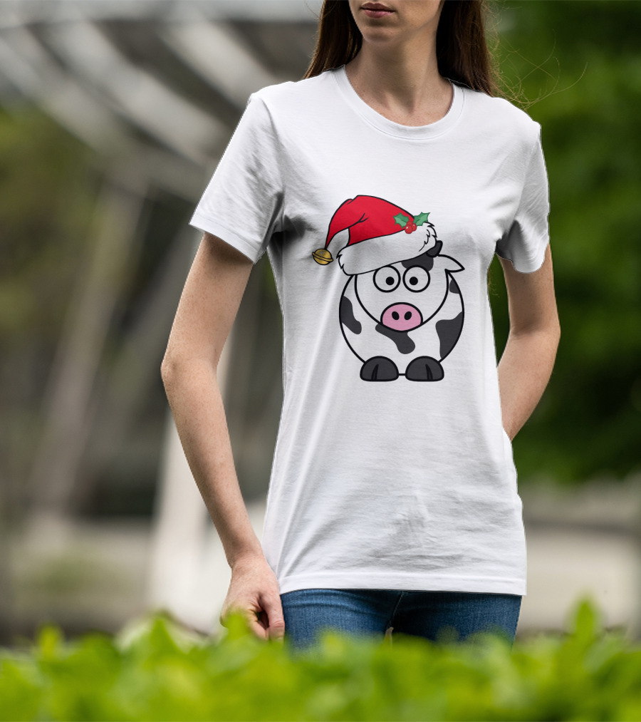 Cartoon Cow With Santa Hat And Holly Christmas Charm T-Shirt