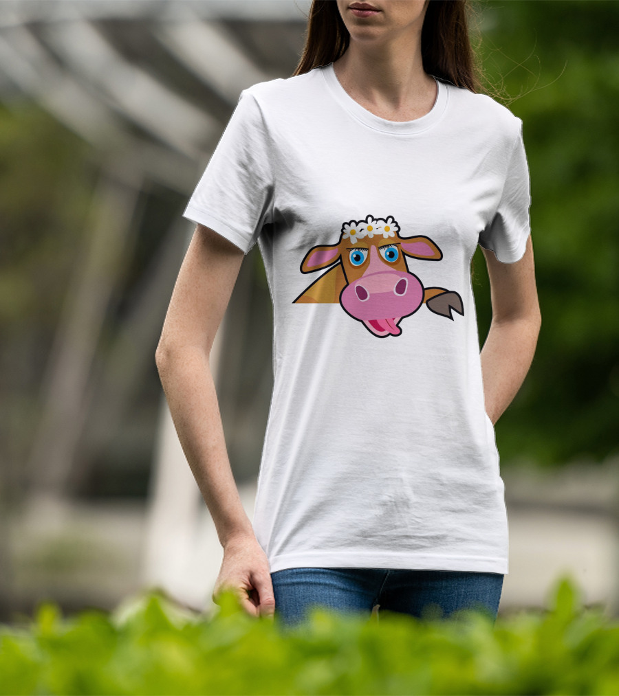 Farm Animals Cows Cute Cartoon Brown Cow With Daisy Headband T-Shirt