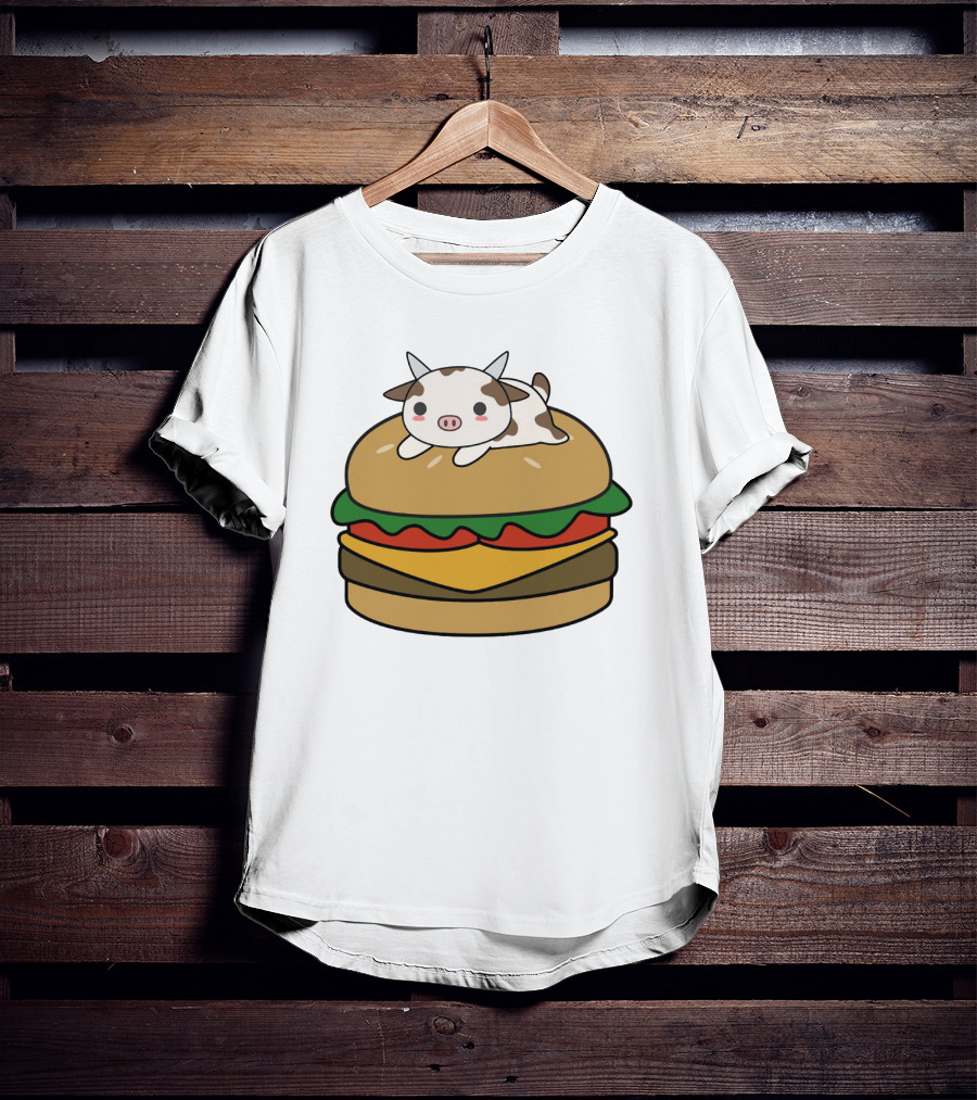 Funny Burger Cow Kawaii Cartoon Cheeseburger With Cute Animal Topping T-Shirt