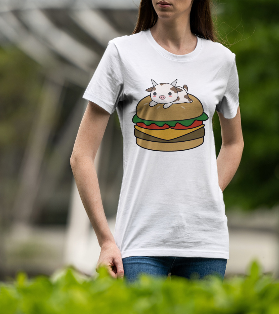 Funny Burger Cow Kawaii Cartoon Cheeseburger With Cute Animal Topping T-Shirt