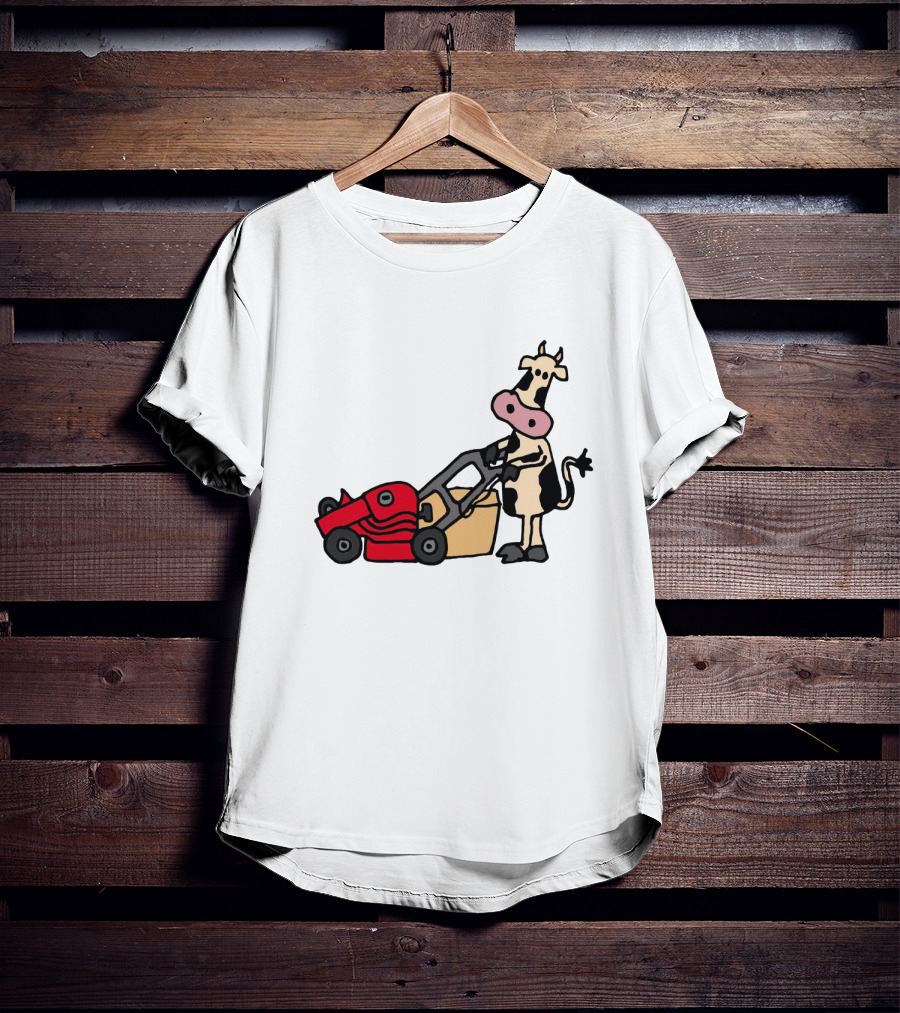Funny Cow Mowing Grass Cartoon With Red Lawn Mower T-Shirt
