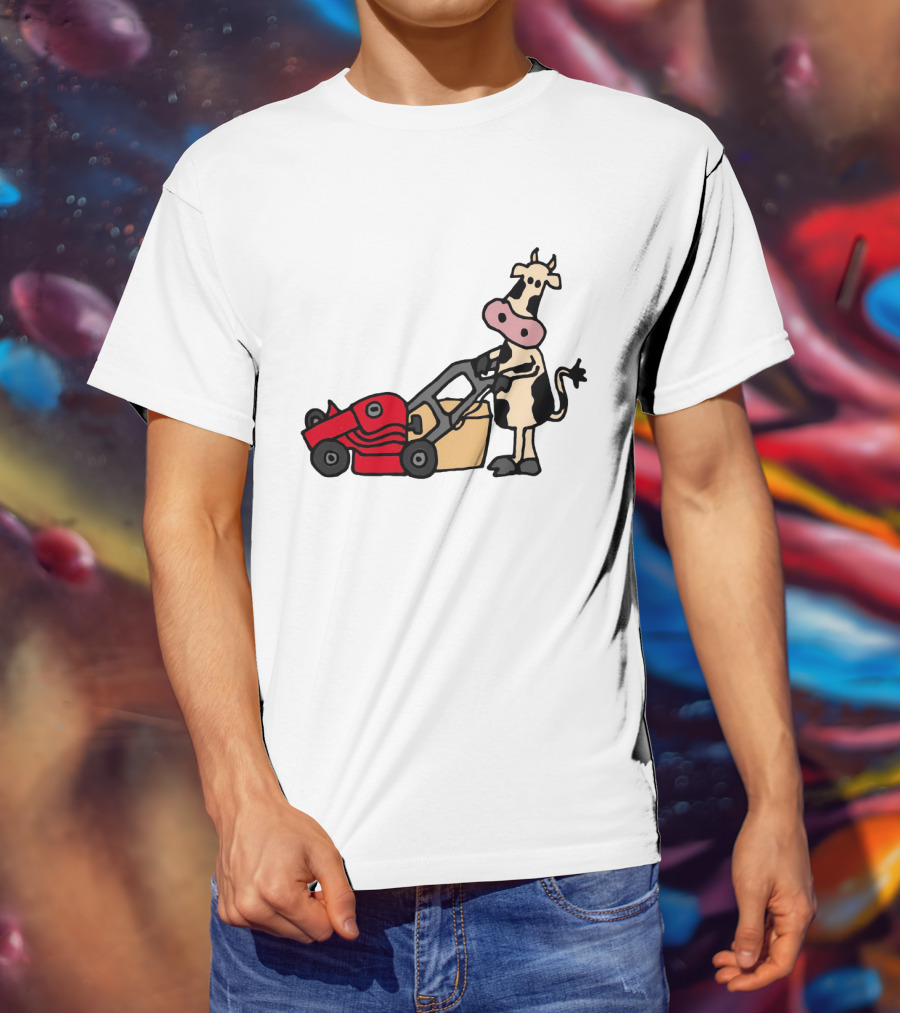 Funny Cow Mowing Grass Cartoon With Red Lawn Mower T-Shirt