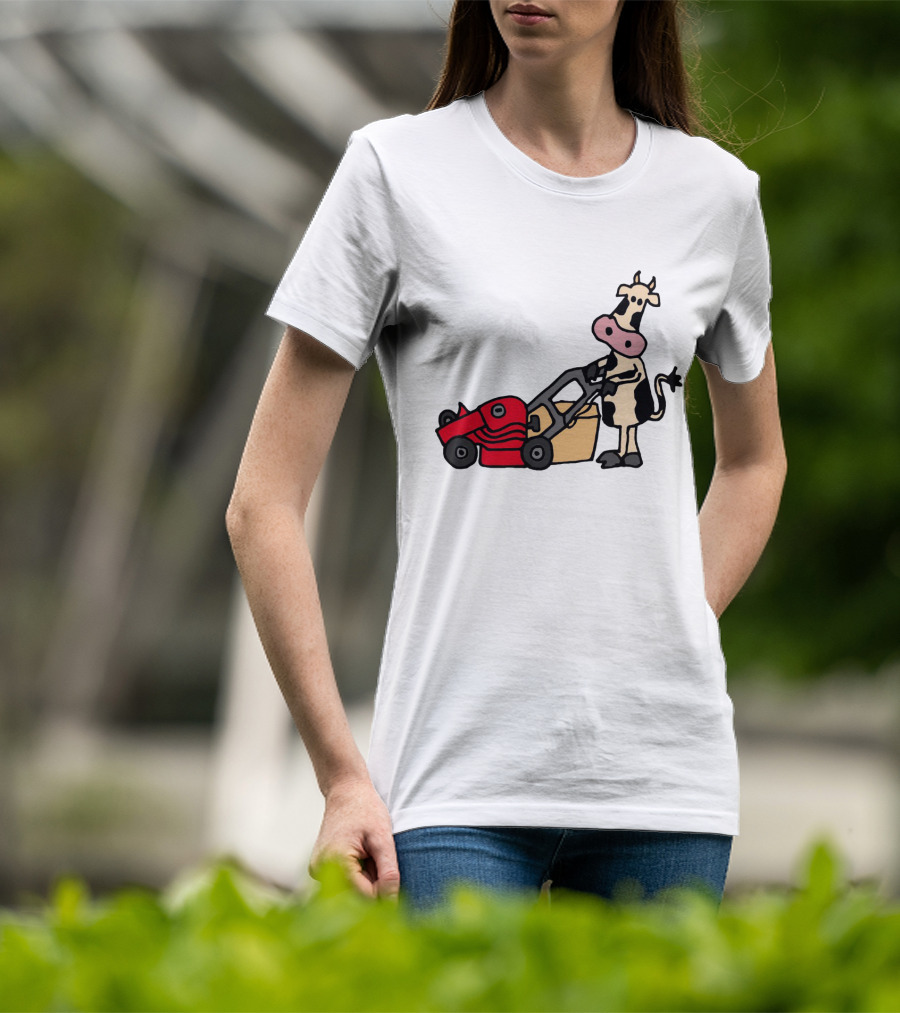 Funny Cow Mowing Grass Cartoon With Red Lawn Mower T-Shirt