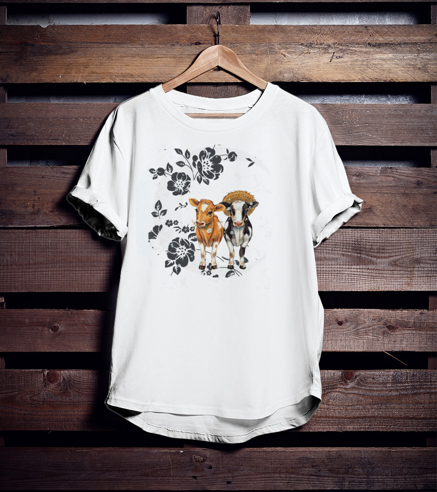 I Love Cows To The Moon And Back Floral Black And White Cow T-Shirt