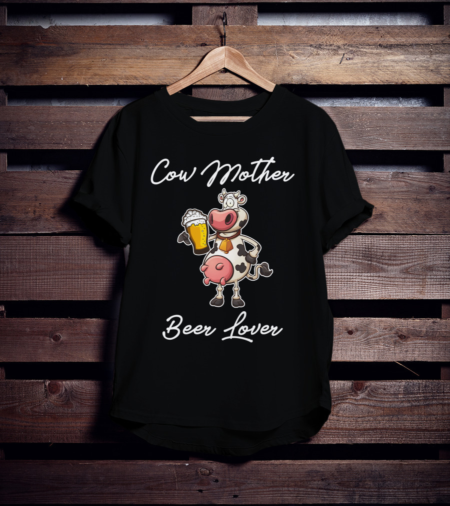 Cow Mother Holding Beer Glass Cartoon Art With Heart T-Shirt