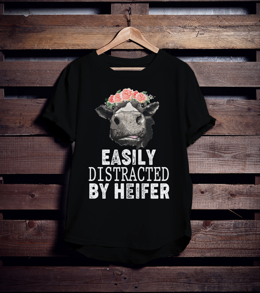 Easily Distracted By Heifer Floral Cow With Flower Crown T-Shirt