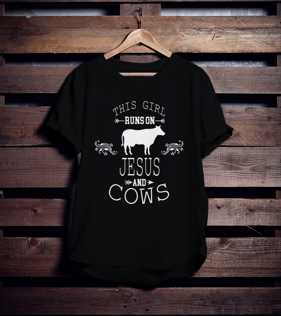 This Girl Runs On Jesus And Cows With Cow Silhouette And Decorative Flourishes T-Shirt