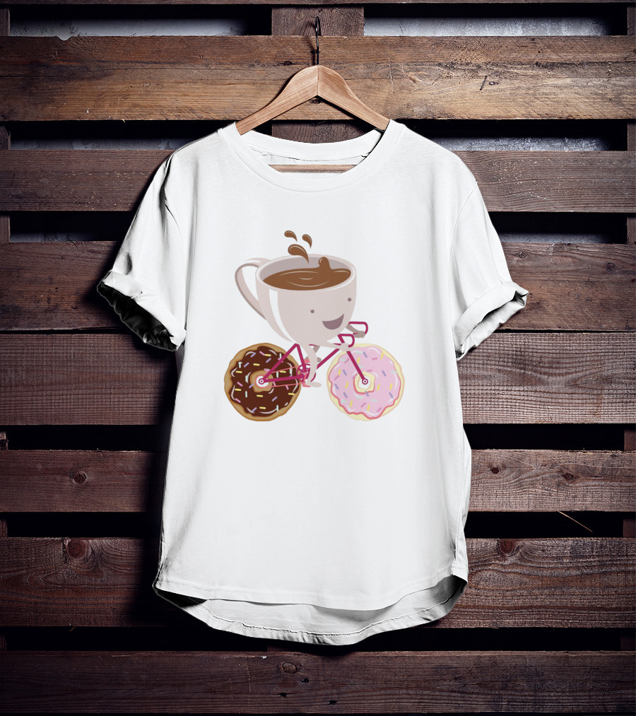 Happy Coffee Cup Riding Donut Bicycle Fun T-Shirt