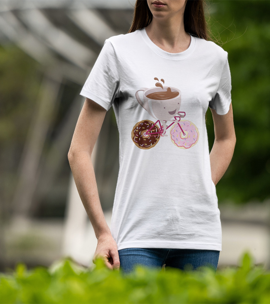 Happy Coffee Cup Riding Donut Bicycle Fun T-Shirt