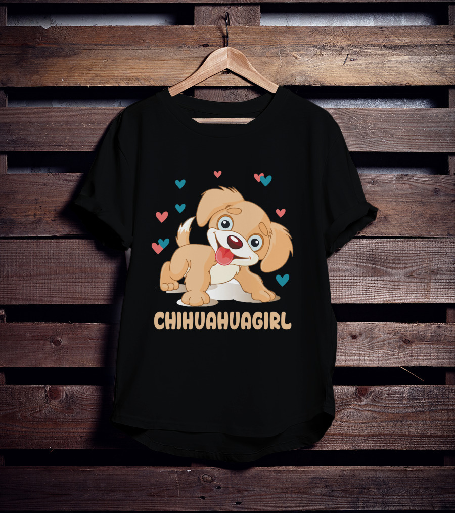 Chihuahuagirl Cute Cartoon Puppy Surrounded By Colorful Hearts T-Shirt