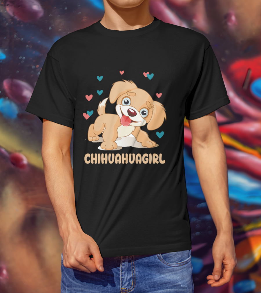 Chihuahuagirl Cute Cartoon Puppy Surrounded By Colorful Hearts T-Shirt