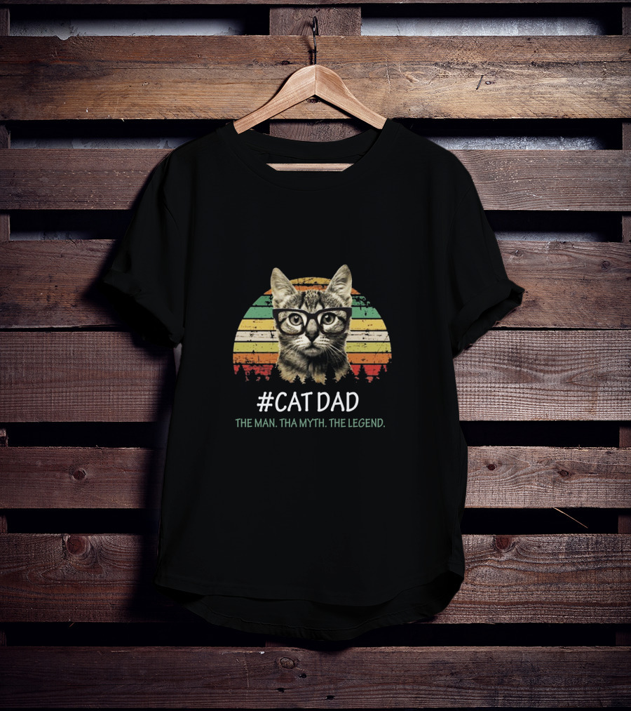 Cat Dad The Man Tha Myth The Legend Vintage Striped Glasses Cat T-Shirt
