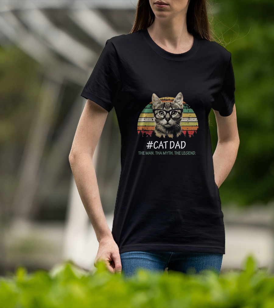Cat Dad The Man Tha Myth The Legend Vintage Striped Glasses Cat T-Shirt
