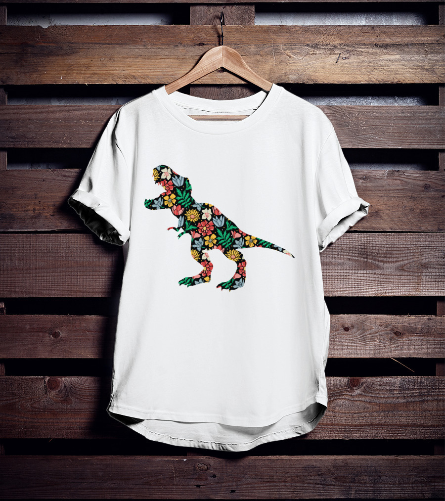 Floral Dinosaur Silhouette With Colorful Flowers T-Shirt