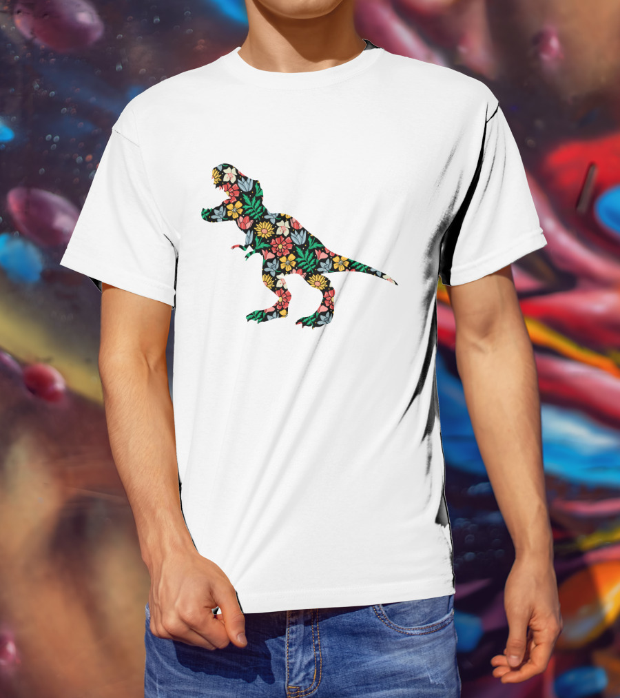 Floral Dinosaur Silhouette With Colorful Flowers T-Shirt