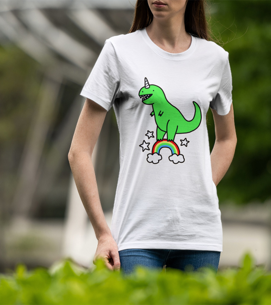Unicorn Dinosaur With Stars And Rainbow T-Shirt