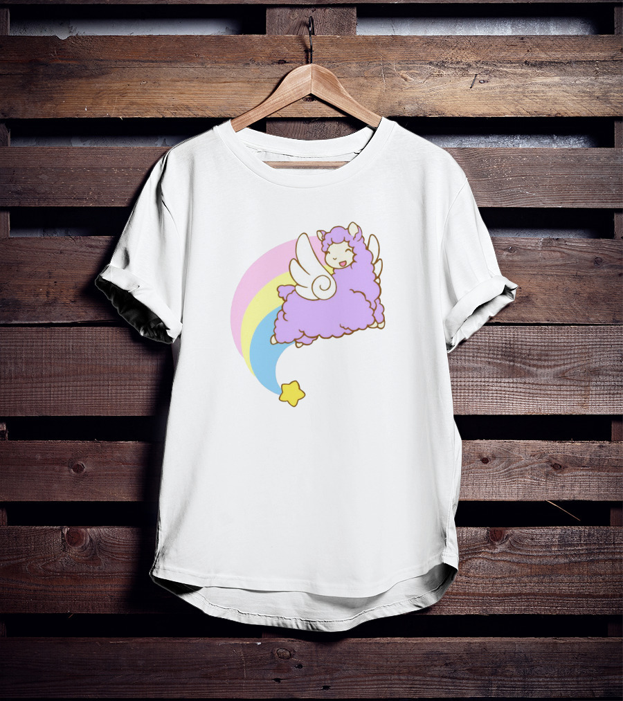 Flying Alpacasus: Winged Purple Alpaca With Rainbow And Star Trail T-Shirt