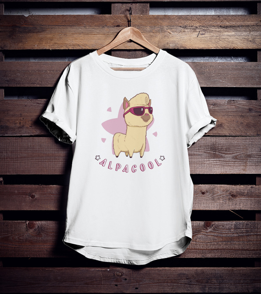 Alpacool Sunglasses-Wearing Alpaca With Pink Heart Background T-Shirt