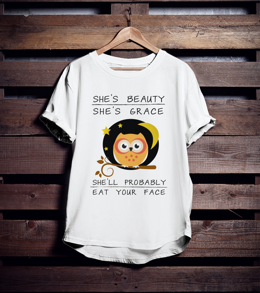 Owls She's Beauty She's Grace She'll Probably Eat Your Face Starry Moon Branch T-Shirt