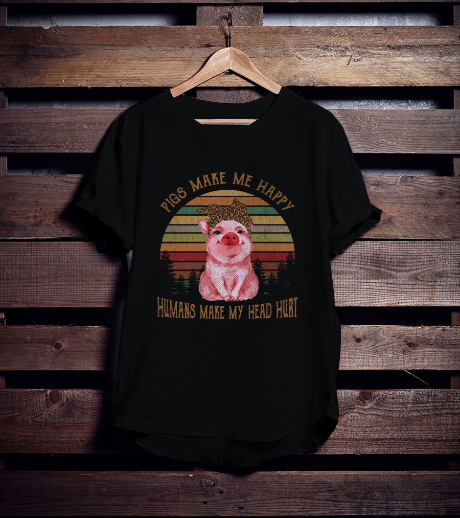 Pigs Make Me Happy Humans Make My Head Hurt Retro Pig With Leopard Print Bow T-Shirt