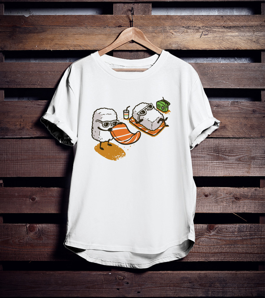 Sushi Chill Vibes: Cute Rice And Salmon Characters Relaxing With Shades And Radio T-Shirt