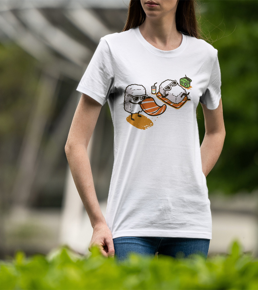 Sushi Chill Vibes: Cute Rice And Salmon Characters Relaxing With Shades And Radio T-Shirt