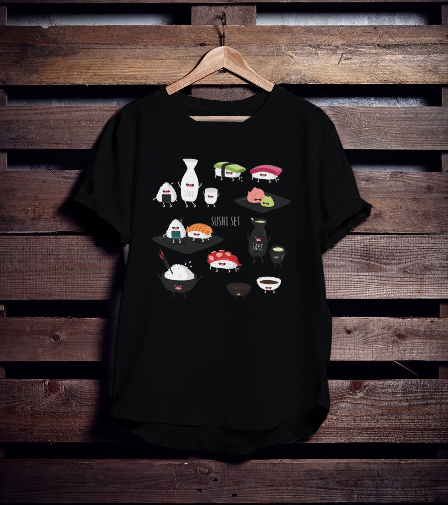 Sushi Set With Happy Sake Characters And Cute Cartoon Sushi Rolls T-Shirt