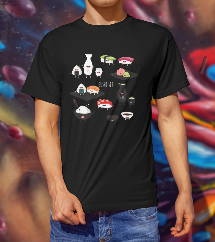 Sushi Set With Happy Sake Characters And Cute Cartoon Sushi Rolls T-Shirt