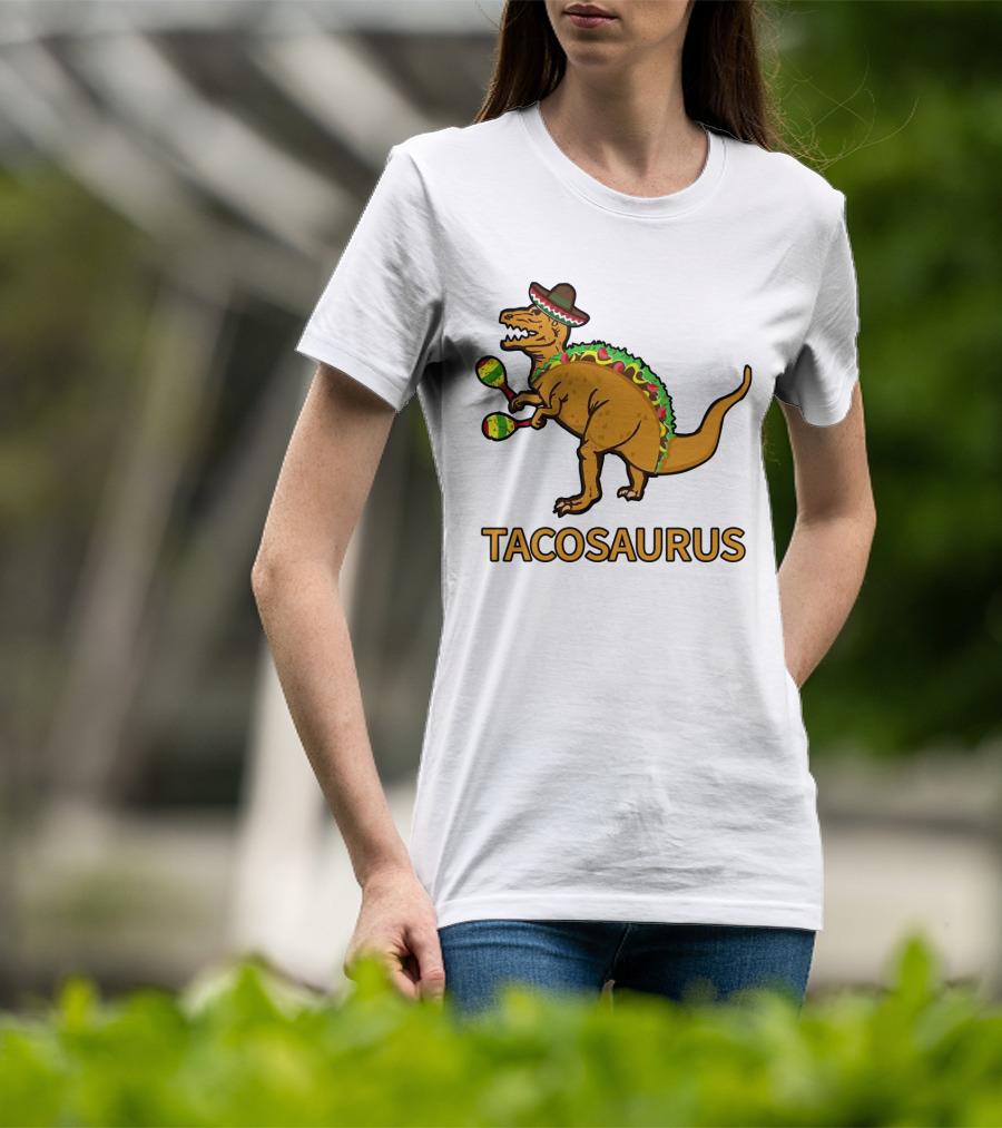 Tacosaurus Sombrero Dinosaur With Maracas Taco Lover Fiesta Fun T-Shirt