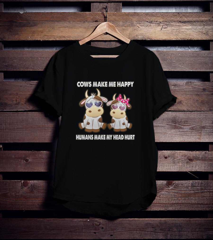 Cows Make Me Happy Humans Make My Head Hurt Heart Sunglasses And Pink Bow T-Shirt