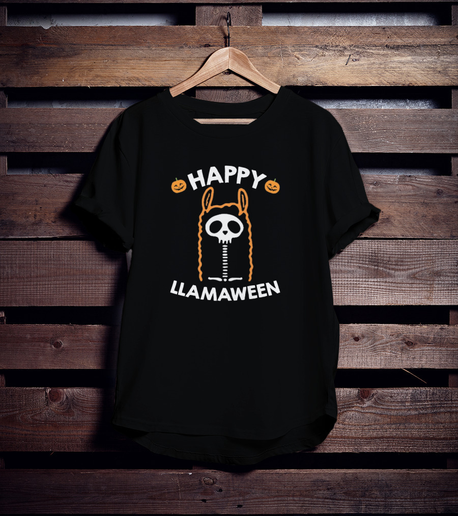 Happy Llamaween Funny Llama Skeleton With Pumpkins T-Shirt