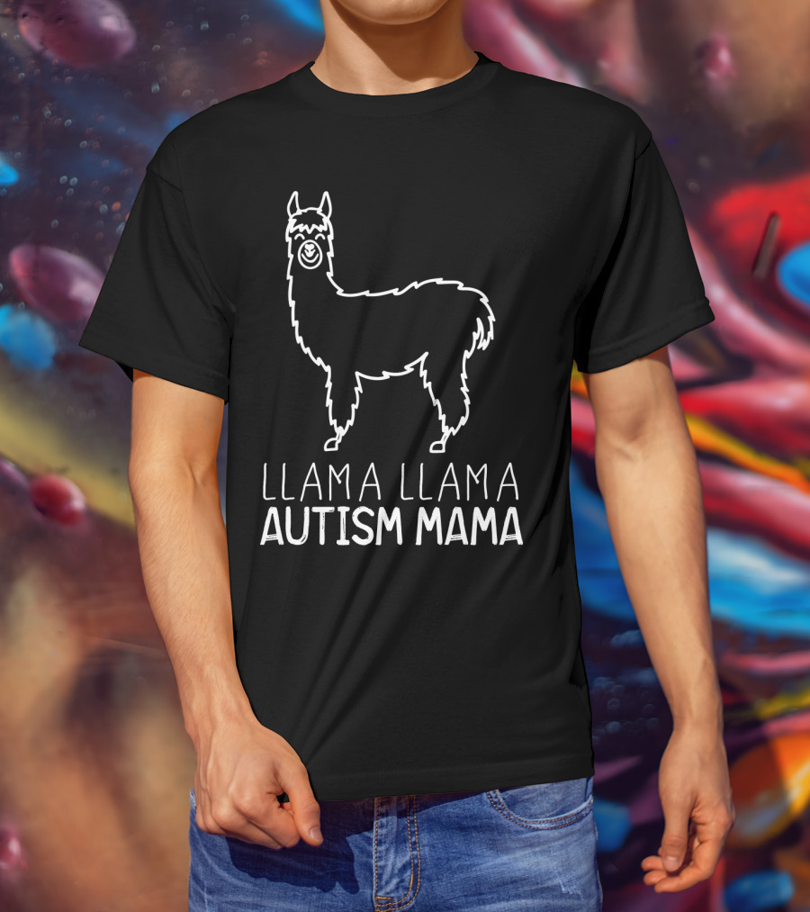Llama Llama Autism Mama White Outline T-Shirt