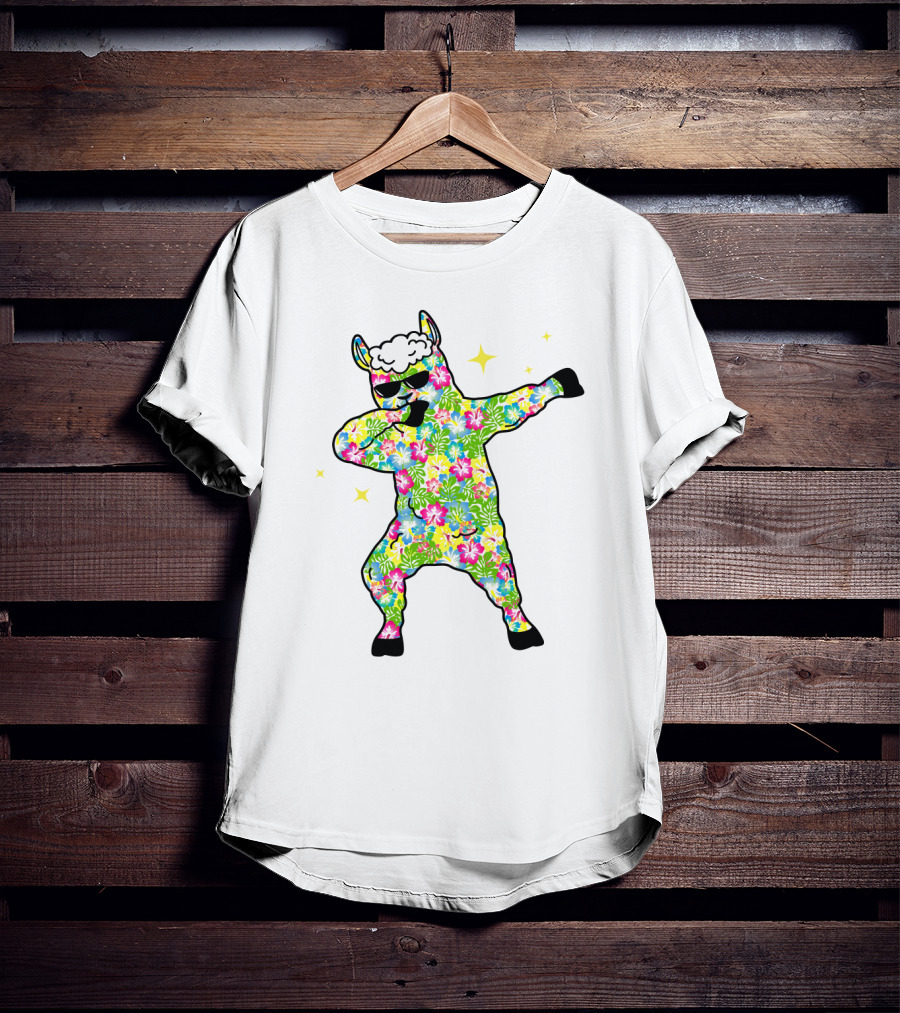 Llama Dabbing Tropical Floral Pattern With Sunglasses And Stars T-Shirt