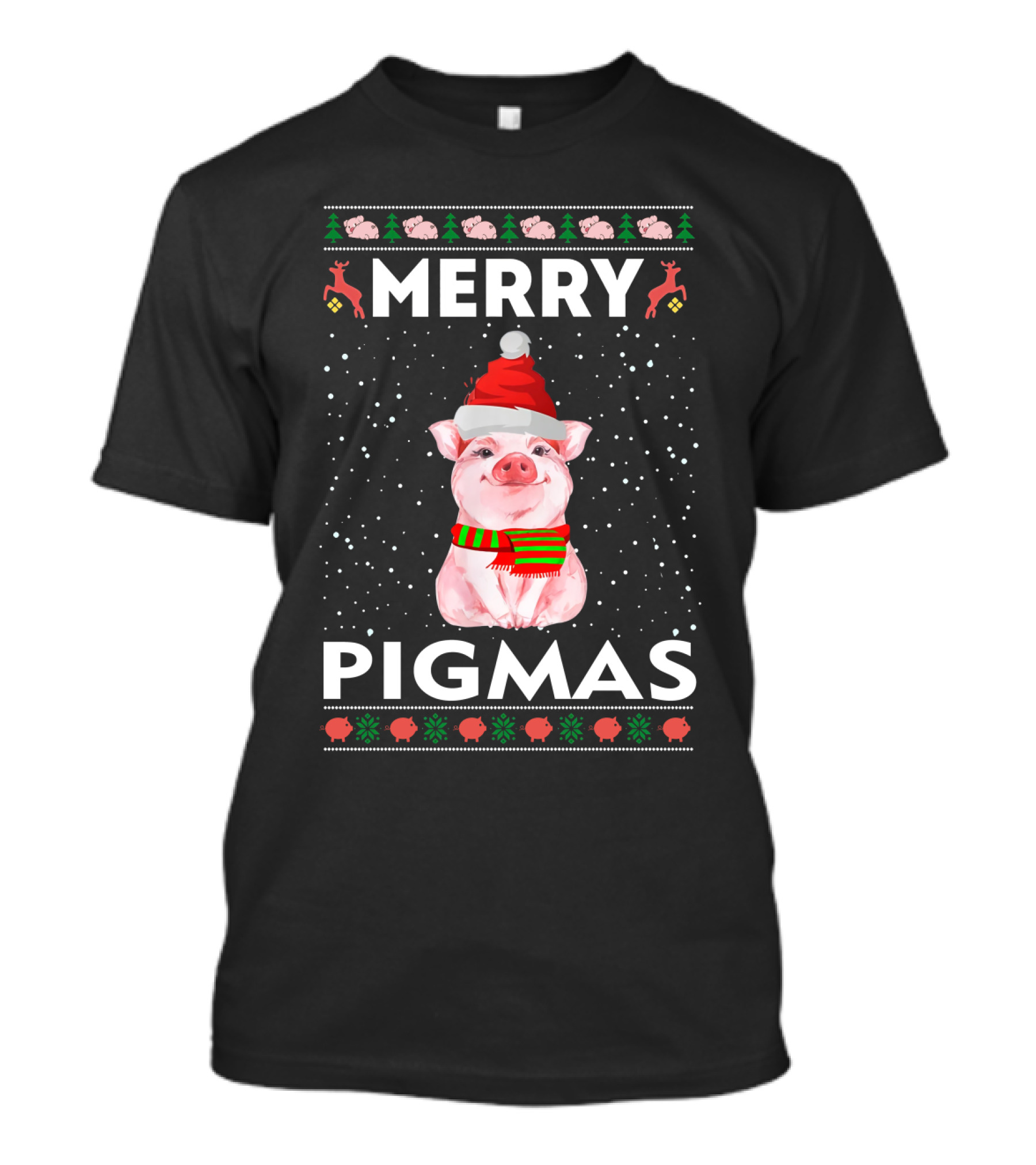Merry Pigmas Christmas Pig Festive Holiday Santa Hat Scarf Snowflakes Icons T-Shirt