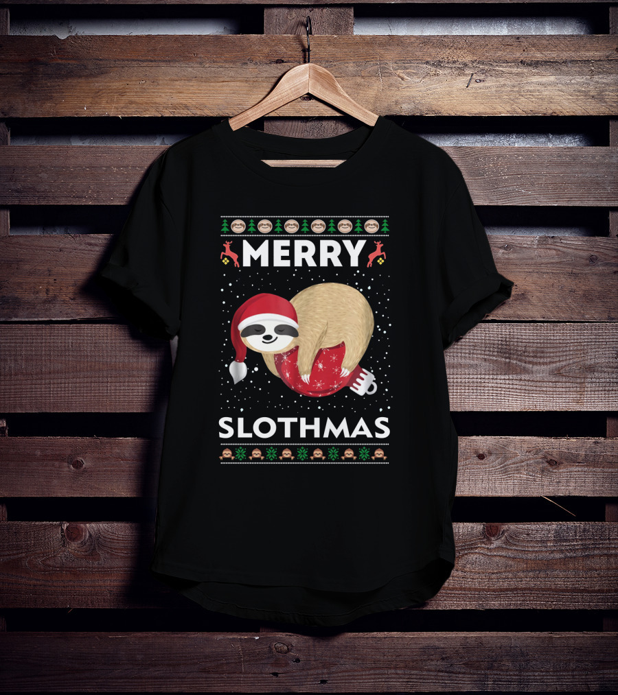 Merry Slothmas Ugly Christmas Sweater Sloth Holiday Festive Santa Hat T-Shirt