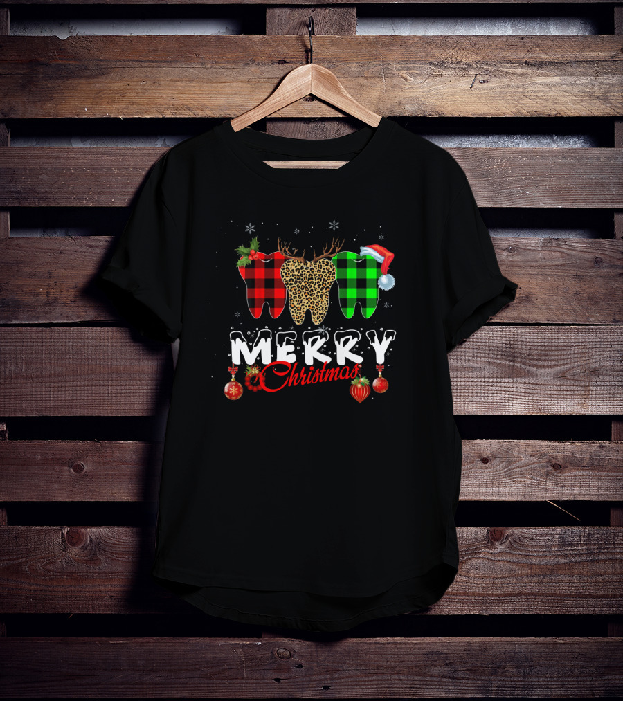 Merry Christmas Dentist Teeth Pattern Santa Hat T-Shirt