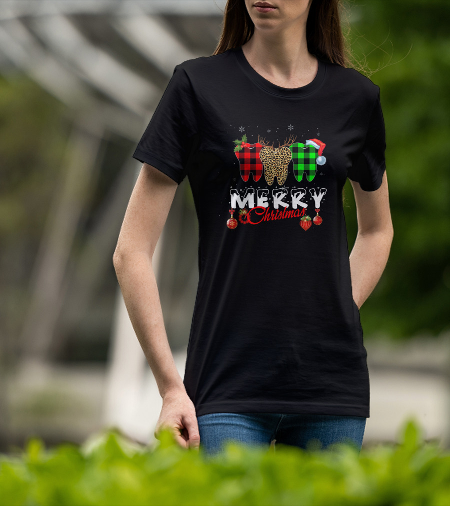 Merry Christmas Dentist Teeth Pattern Santa Hat T-Shirt