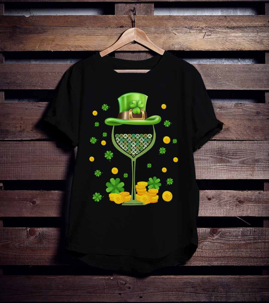 Patrick's Day Wine Glasses Leprechaun Hat Clover Coins T-Shirt