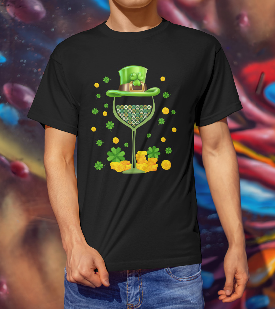 Patrick's Day Wine Glasses Leprechaun Hat Clover Coins T-Shirt