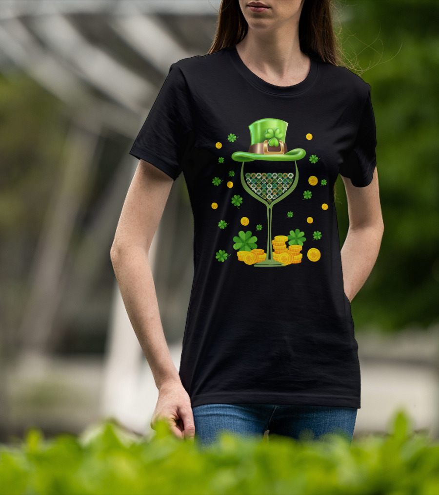 Patrick's Day Wine Glasses Leprechaun Hat Clover Coins T-Shirt