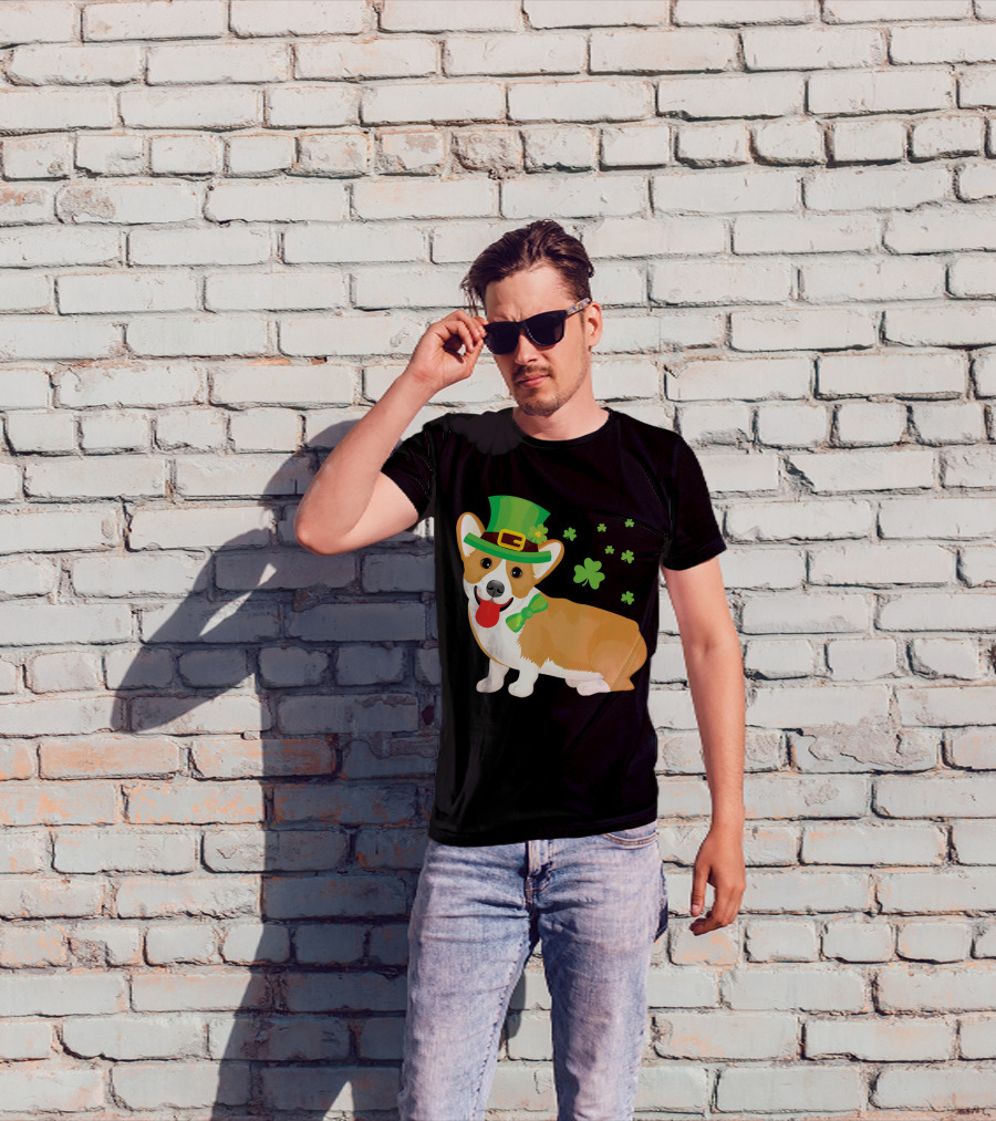 Corgi St Patrick's Day Lucky Shamrocks And Green Leprechaun Hat T-Shirt