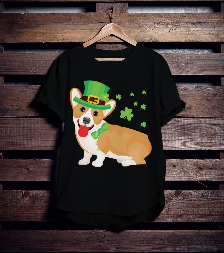 Corgi St Patrick's Day Lucky Shamrocks And Green Leprechaun Hat T-Shirt