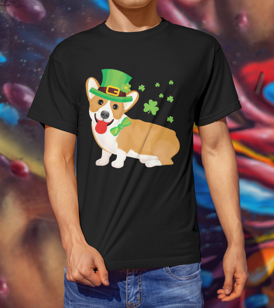Corgi St Patrick's Day Lucky Shamrocks And Green Leprechaun Hat T-Shirt