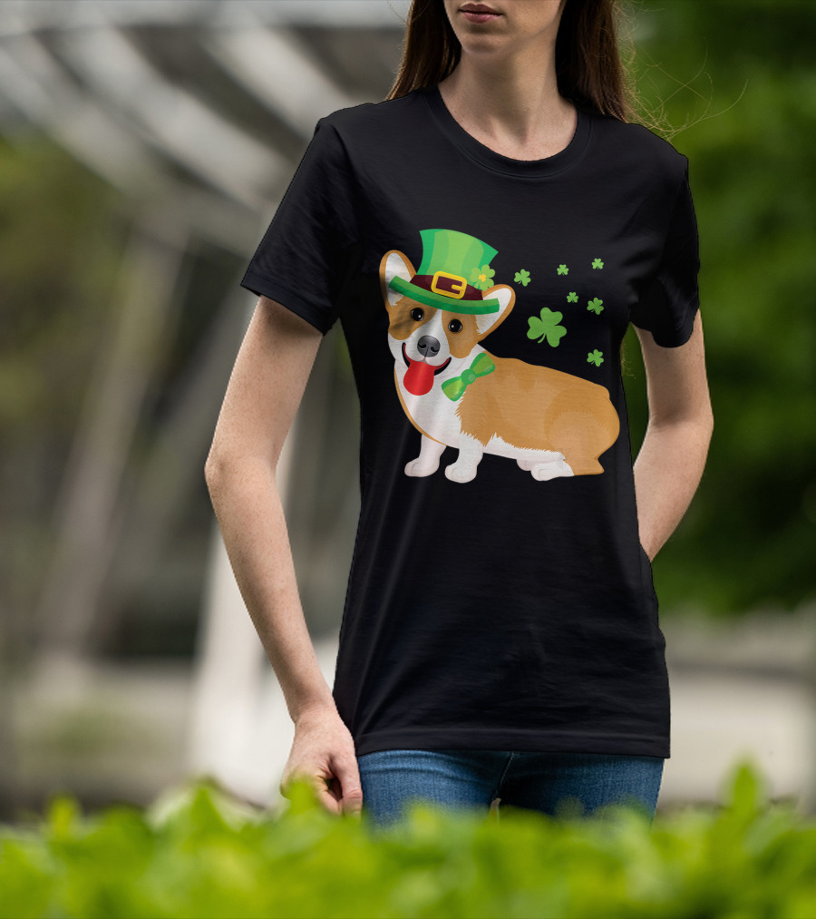 Corgi St Patrick's Day Lucky Shamrocks And Green Leprechaun Hat T-Shirt