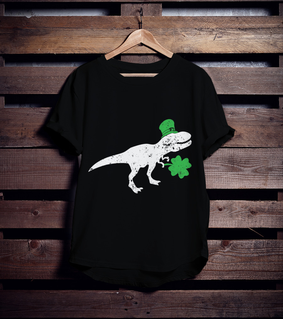 T-Rex Dinosaur With Leprechaun Hat And Shamrock For St Patricks Day T-Shirt