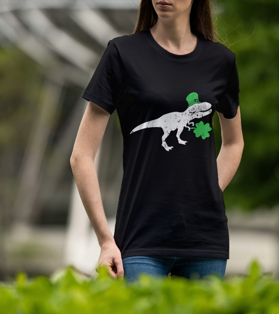 T-Rex Dinosaur With Leprechaun Hat And Shamrock For St Patricks Day T-Shirt